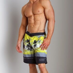 Boss Men Tropical WARYFISH BOARD SHORTS YELLOW XL  beach vacation casual resort